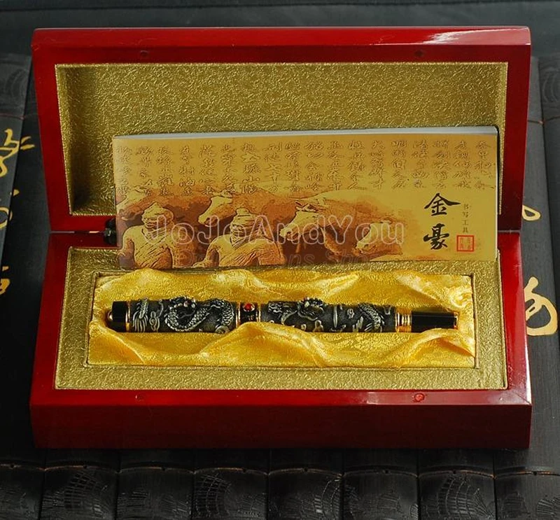 Jinhao Roller Ball Pen China Style Double Dragon Playing Pearl Metal Carving Embossing Heavy Pen Grey Gift Box Optional