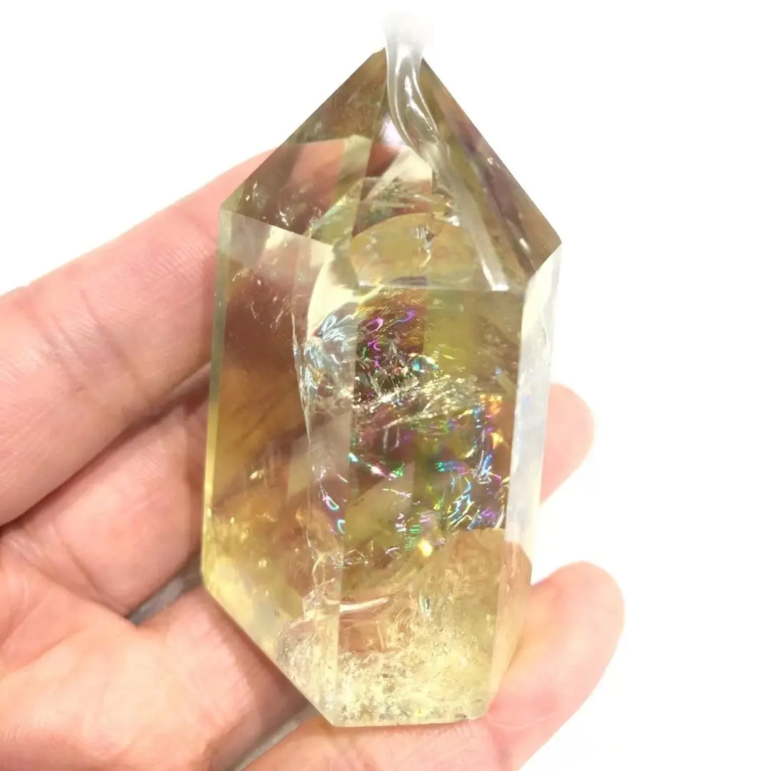 

High Quality Natural Smoky Yellow Polished Hexagonal Citrine Point Tower Furnish And Decorate Crystals Rainbow Ice Phantom Image