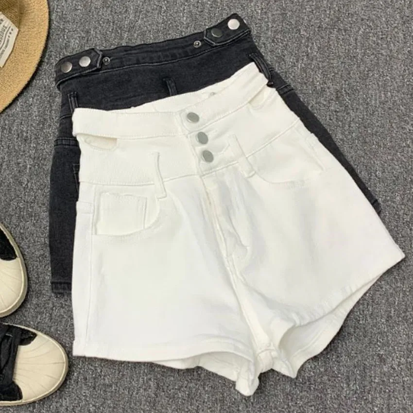 

2022 summer new high-waisted hollow out denim shorts women single-breasted basic stretch slim shorts