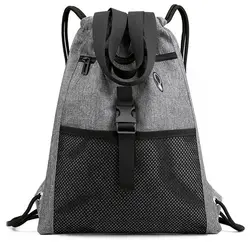 Saco de cordão ginásio com bolsos saco de desporto com alça drawstring mochila viagem para homem feminino-cinza