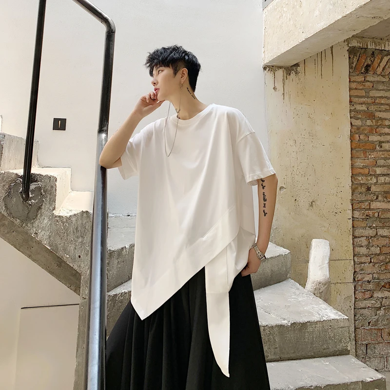 

Men's T-shirt summer loose short sleeve fashion alternative asymmetrical round neck man T large size Yamamoto style