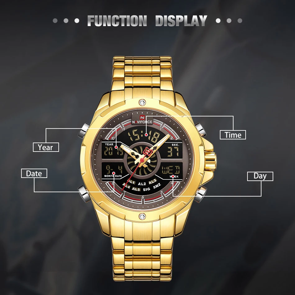 NAVIFORCE Multifunctional Digit Watches Men Luxury Gold Stainless Steel Waterproof Quartz Wristwatch Luminous Sports Clock Male