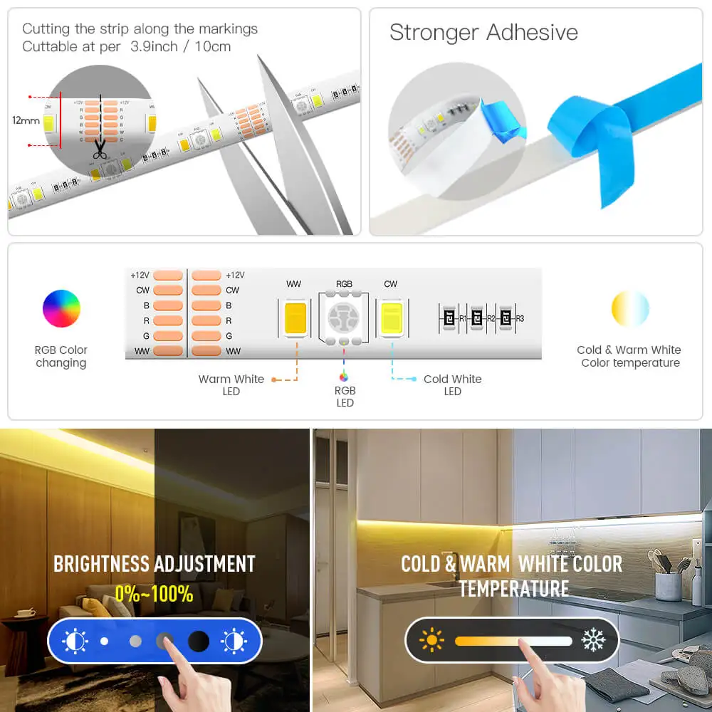 Smart Wifi RGBCCT LED Light Strips Controller 5m 12V Smart Flexible Strip Atmosphere Lamp Works with Alexa Google Voice Control