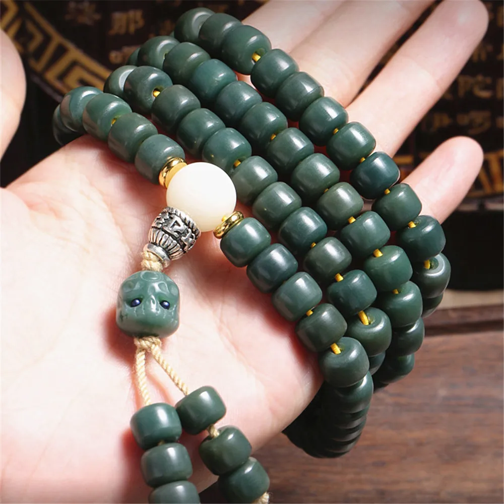 7*9mm Original Natural Green Bodhi Seed 108 Beads Mala Bracelet Buddha Charm Long Tassel Sweater Chain Prayer Yoga Necklace