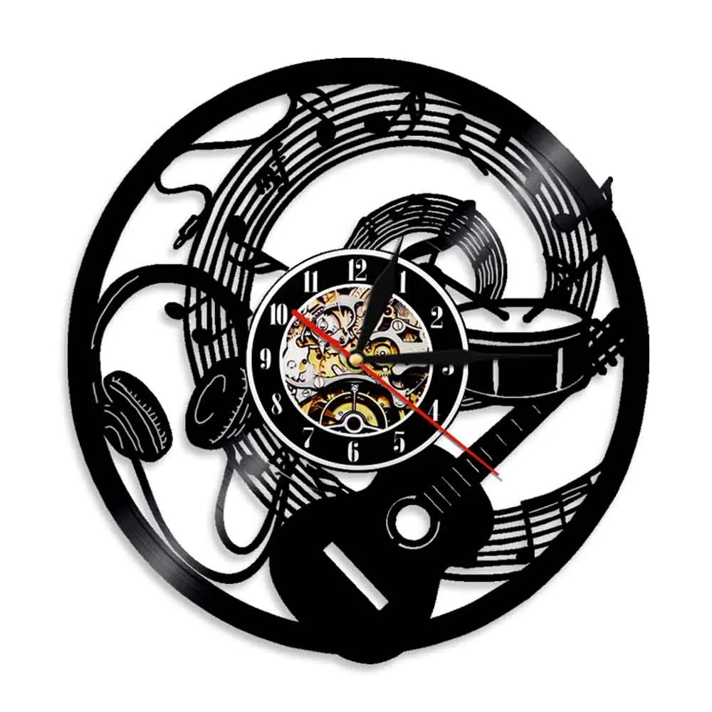 Guitar Vinyl Record Wall Clock Music Notes Headphone Instrument Rock N Roll Decor Watch Guitarist Wall Clock Music Lover Gift