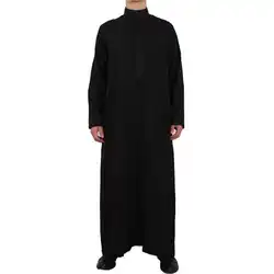 Men qatar muçulmano marroquino estilo islâmico preto de linho de algodão de mangas compridas gola subida plus size arabian robe