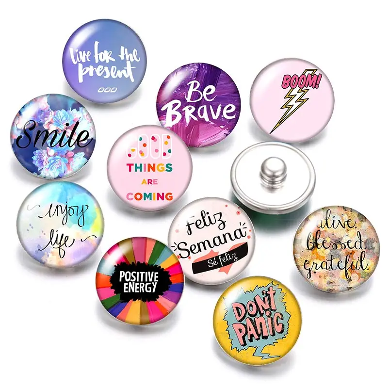 Words Love passion Faith smile 18mm snap buttons 10pcs mixed round photo glass cabochon style for snap button jewelry