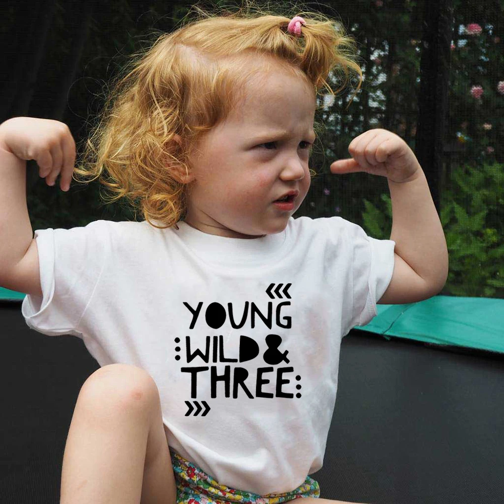 

Young Wild and Three Girls boys 3rd Birthday t Shirt for Toddler Girls or Boys Third Birthday Outfit graphice tees summer tops