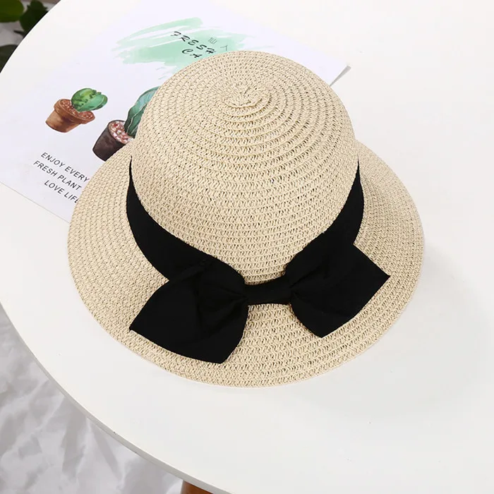 Spring Summer Mother Daughter Straw Plaited Bucket Hat Cap Beach Holiday Round Top Outdoor Bow Sunhat Kids Girls Hats and Caps