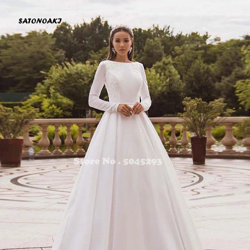 Vestidos De Novia 2024 Elegant Satin Wedding Dress Long Sleeve Lace Muslim Bridal Gown for Bride Button Back Robe Mariée Online