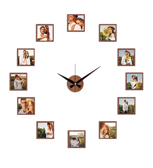 Wall Clock 12 Photo Square Walnut ÇerçeveKişiye special 12 pcs photo with the special moments always hatırlanabileceği elegant