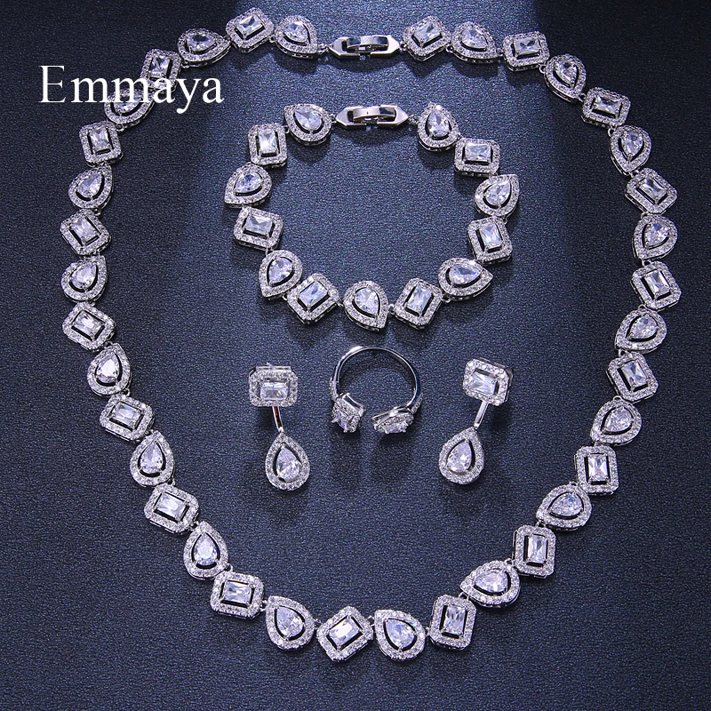 Emmaya Luxury Crystal Costume Jewelry Sets White Zircon Bracelets Pendant&Necklace Rings Earrings Wedding Party