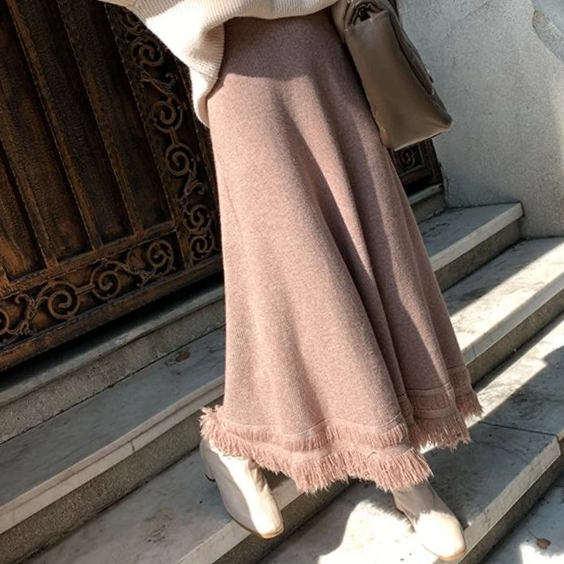 Knitting Long Skirts Women High Waist Tassel Fashion Solid Retro Ladies Elegant All-match Leisure Streetwear A-line Thickening