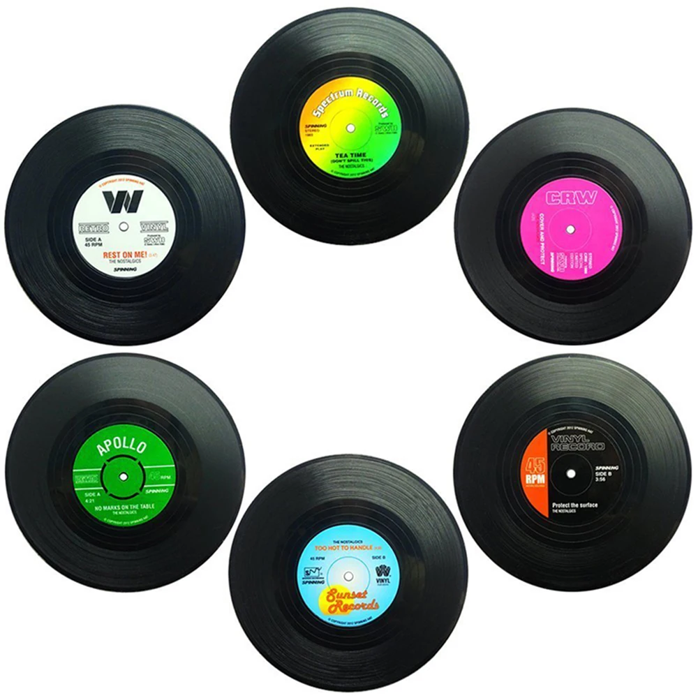 1/4/6 Pcs Retro Coasters Set Vinyl Record Round Disk Coaster Non Slip Record Coffee Cup Mat PVC Drinks Home Decor Coaster