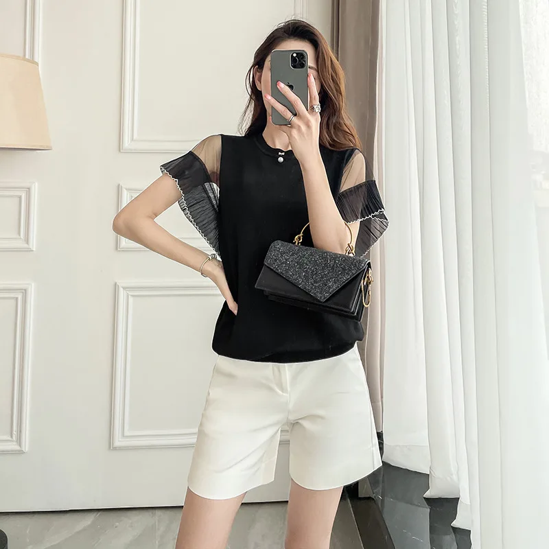 

Simple Ice Silk Sweater For Women Short Sleeved T Shirt Thin Pearl Decoration Chiffon Mesh Solid Color Short Sleeved Women's Top