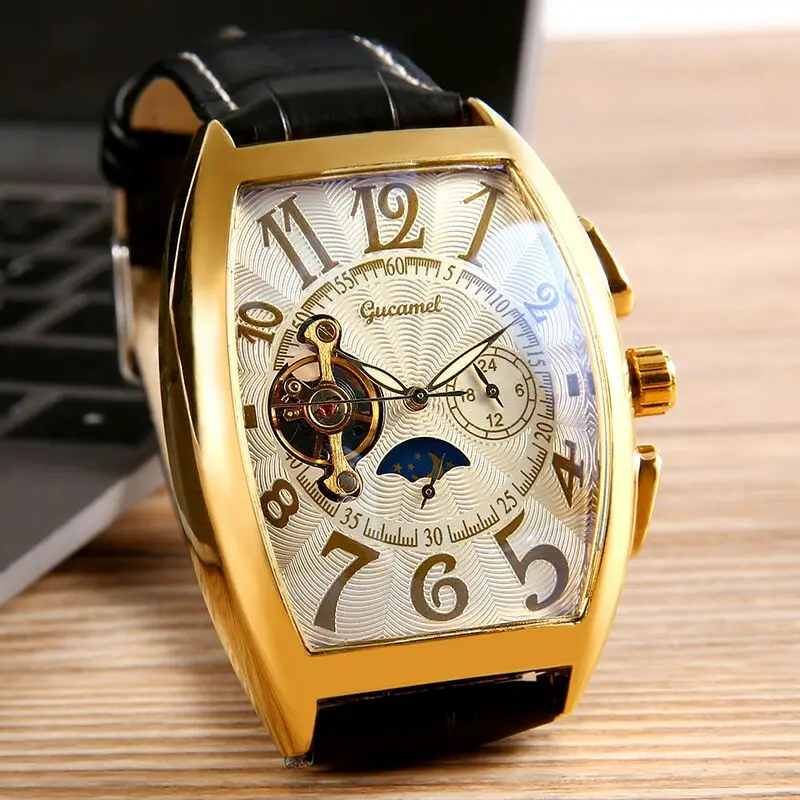 Luxury Automatic Mechanical Watches Men Moon Phase Skeleton Retro Self Winding Wristwatch Male Gold Case Clock Leather Watches