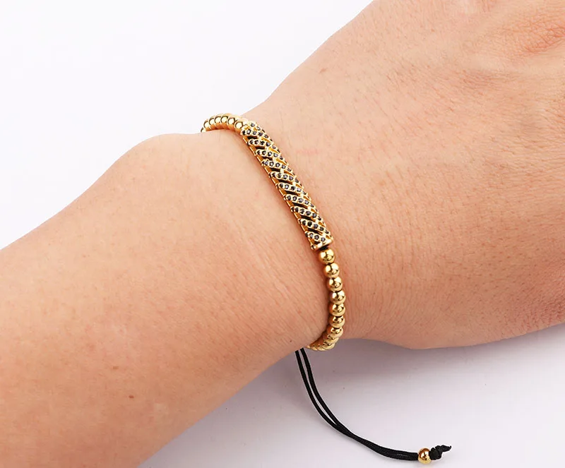 High Quality Men Women Jewelry CZ Pave Bar Charm Stainless Steel Beads Macrame Bracelet Gift