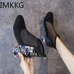 summer fashion Shoes Women Ankle Boots Rhinestone Thick Heel Mesh short Boot square heel comfort lady crystal shoes black/white