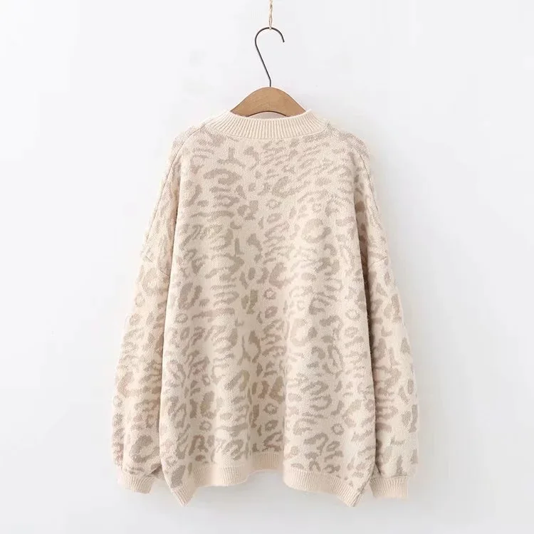 2024 New Women\'s sweater Autumn And Winter Knitted Loose Leopard Round Neck Pullover Long Lantern Sleeve Sweater