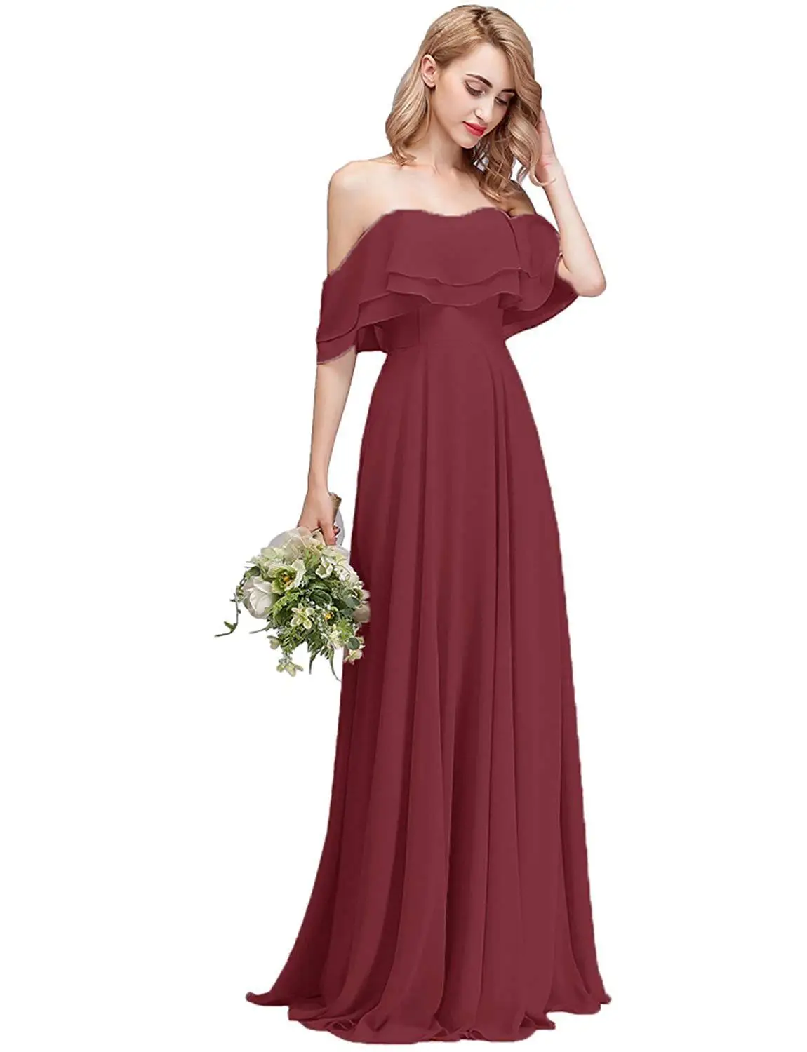 CloverBridal Off The Shoulder Chiffon abiti da damigella d'onore economici lunghezza del pavimento A-line robe de soirée de mariage WB9929