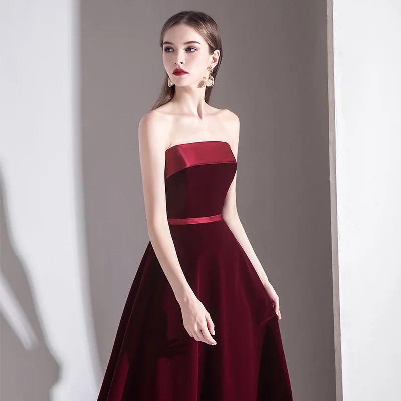 Toast Dress Bride 2020 Spring Burgundy Tube Top Long Wedding Banquet Temperament Annual Meeting Host Dress