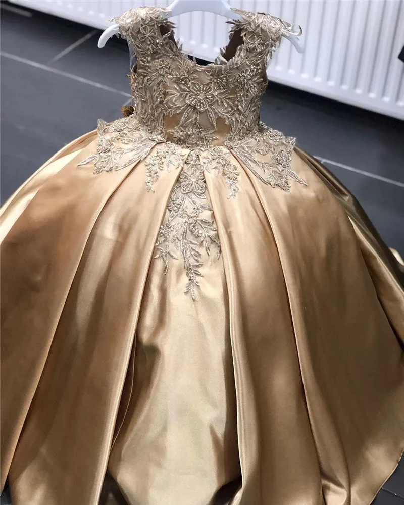 Robe de demoiselle d'honneur dorée avec perles, robe de reconstitution historique pour enfants, dentelle, satin, appliques, vêtements de fête d'anniversaire, mariage, chaud, 2022