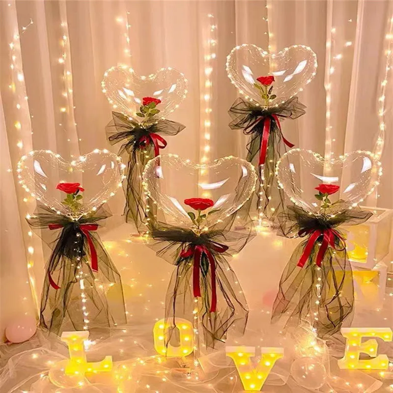 

2022 Valentine's Day Glowing Love Heart/Round Shaped Bobo Ball Rose Bouquet Diy Wedding Balloon Anniversary Gift Party Decor