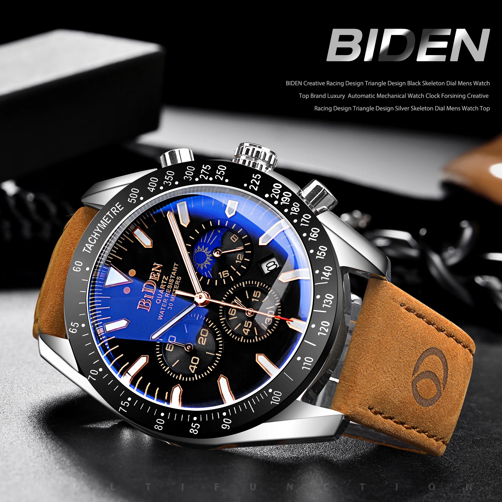 BIDEN Waterproof Automatic Quartz Watch Men Sport Style Military Wristwatches Man Luminous Pointers Watches Genuine Leather