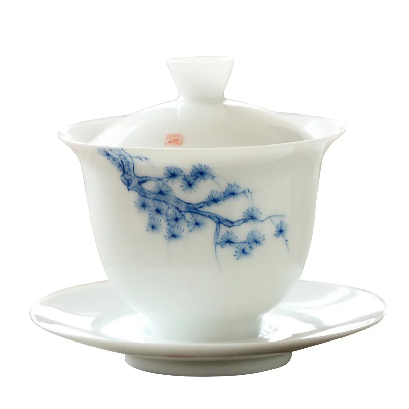 Hand-Painted Ceramic Whiteware Three-Force Cover Bowl Large Kung Fu Three-Force Bowl Handmade Ceramic Tea Cup Tea Bowl Gaiwan view 5