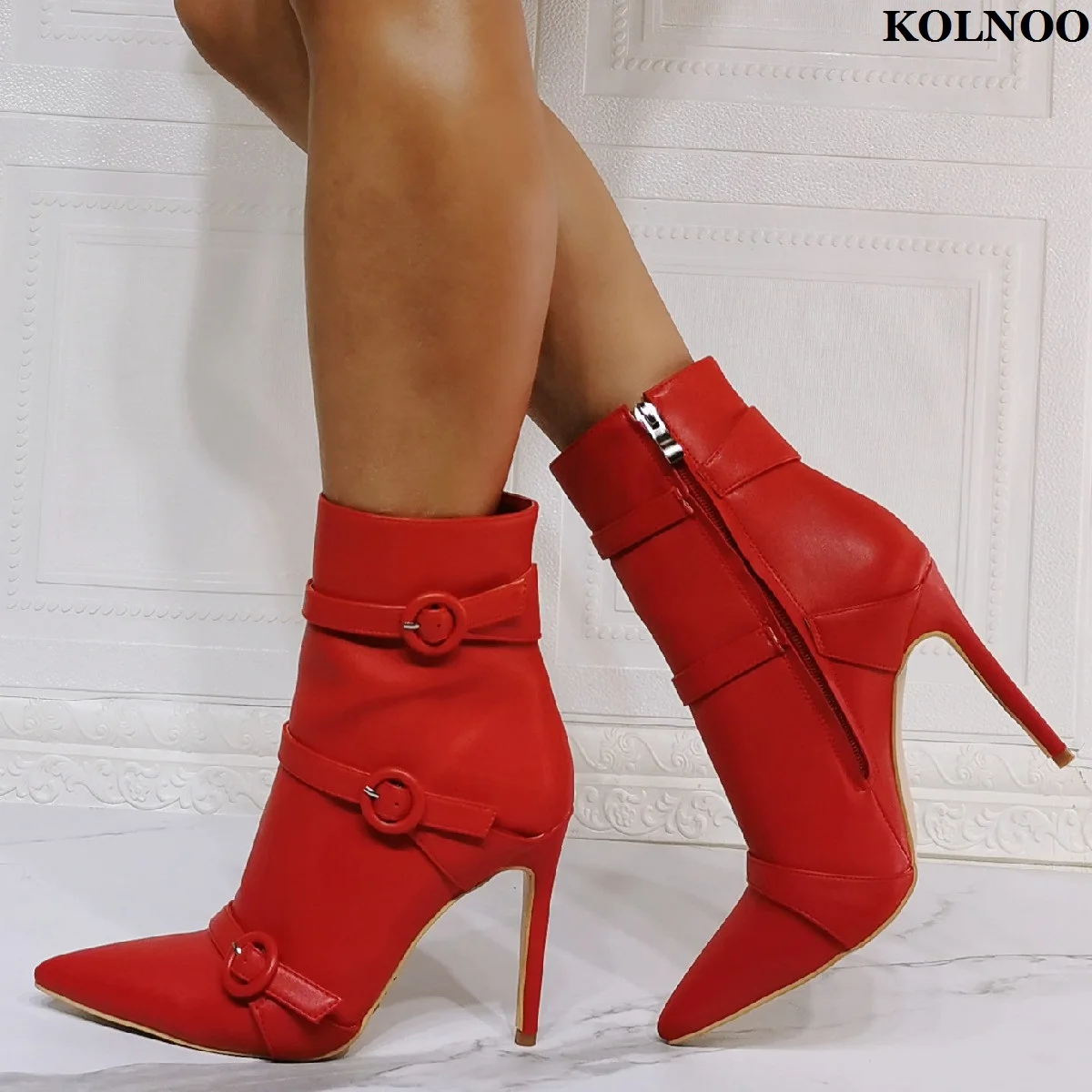 

Kolnoo Ladies Large Size Stiletto Heel Boots Buckle Straps Real Picture Red Party Prom Ankle Booties Evening Fashion Daily Shoes