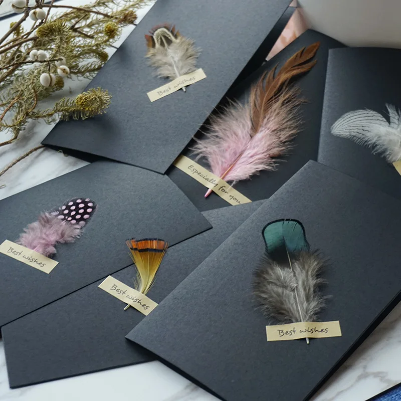 1pc Black High-grade Stereoscopic card envelope True feathers greeting card invitation holding thanks you cards kawaii