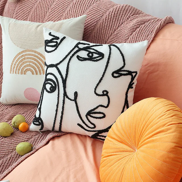 Nordic Simple Art Line Embroidered Cushion Cover Cotton Linen Abstract Decorative Pillowcase Artist Cushion Case Sofa Decor