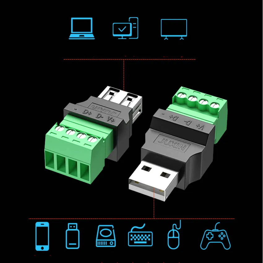 1Pc USB 2.0 Type A Male/Female to 4 Pin Screw Connector USB Jack with Shield USB2.0 to Screw Terminal Plug