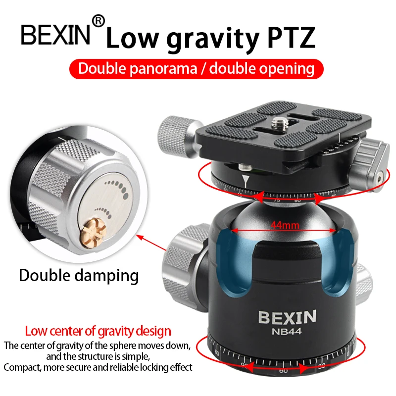 

BEXIN Professional Tripod head of stable Double U Notch Dual Panoramic Low Gravity Center BallHead with Quick Release Plate