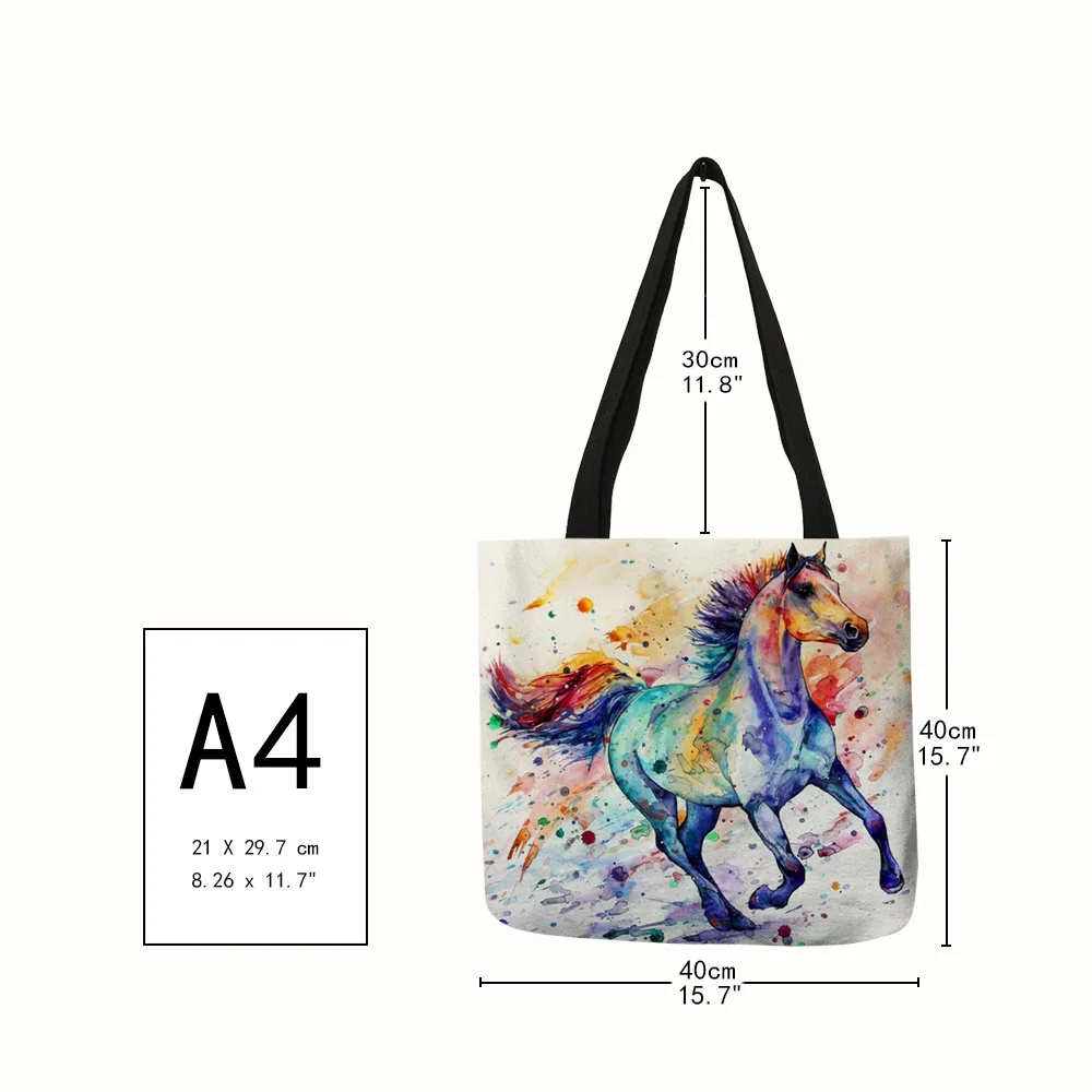 Watercolor Horse Print Linen Shopping Bag Tote Folding Reusable Traveling School Shoulder Bags Casual Handbags For Women 2021