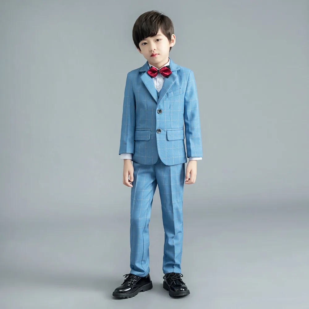 Blue Check Custom Made Sedikit Anak Laki-laki Setelan Celana 2 Buah Set Tuksedo untuk Pernikahan Makan Malam Anak Tuxedo