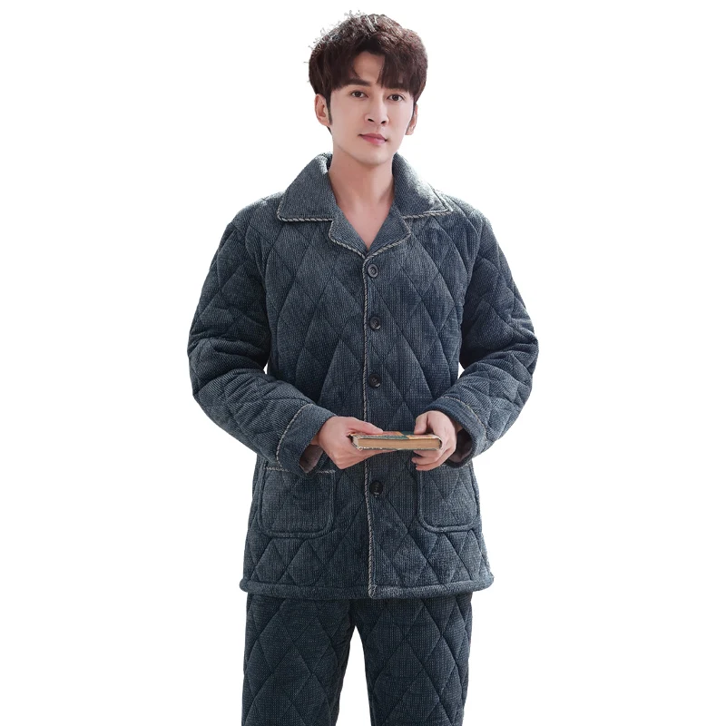 

New Arrival Fashion Solid Quilted Pajama Sets Soft Men Sleepwear Winter Lounge Set Three Layer Coral Fleece Thick Quilted Jacket