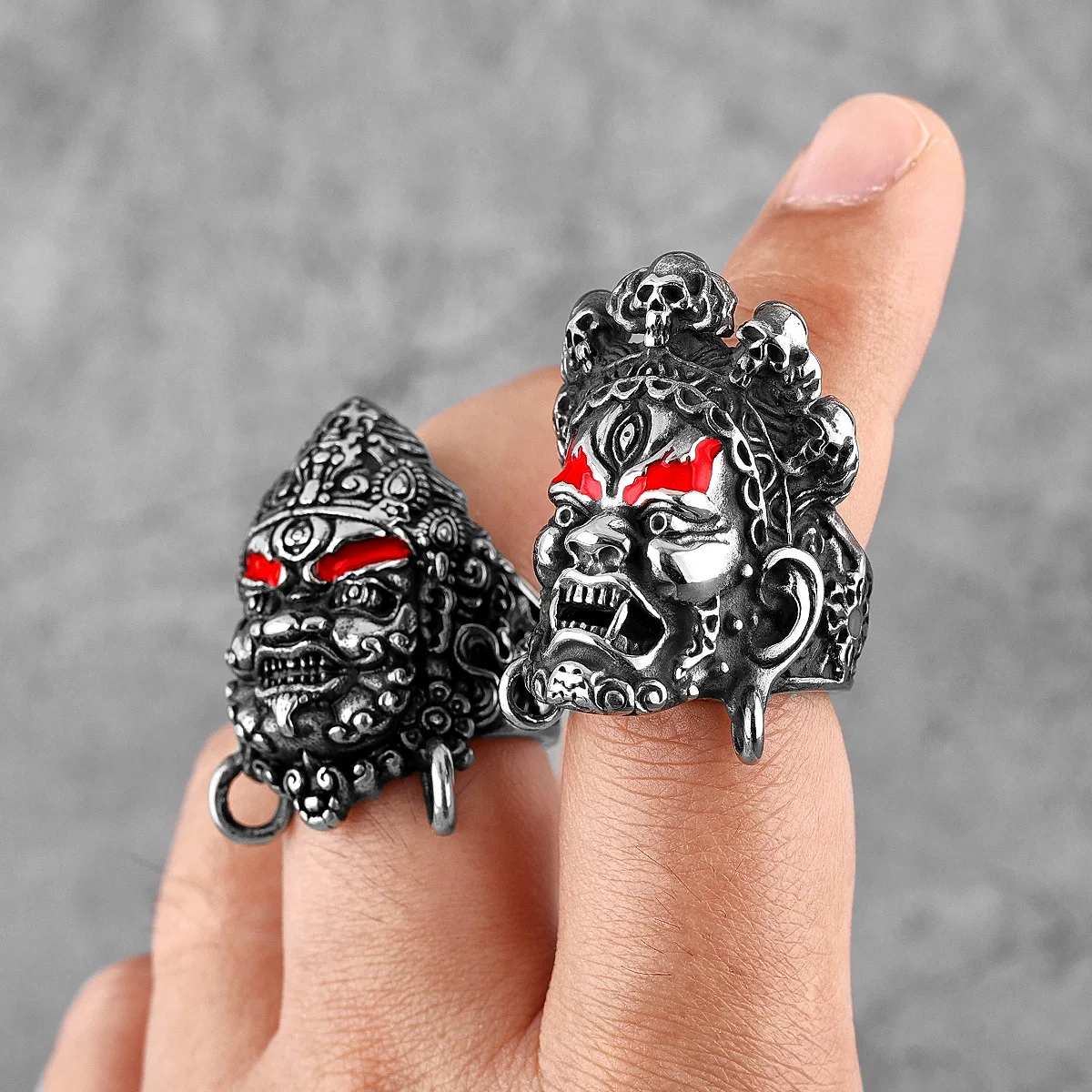 Tibetan Buddhism Raksha Buddha Stainless Steel Mens Rings Punk Amulet for Male Boyfriend Biker Jewelry Creativity Gift Wholesale