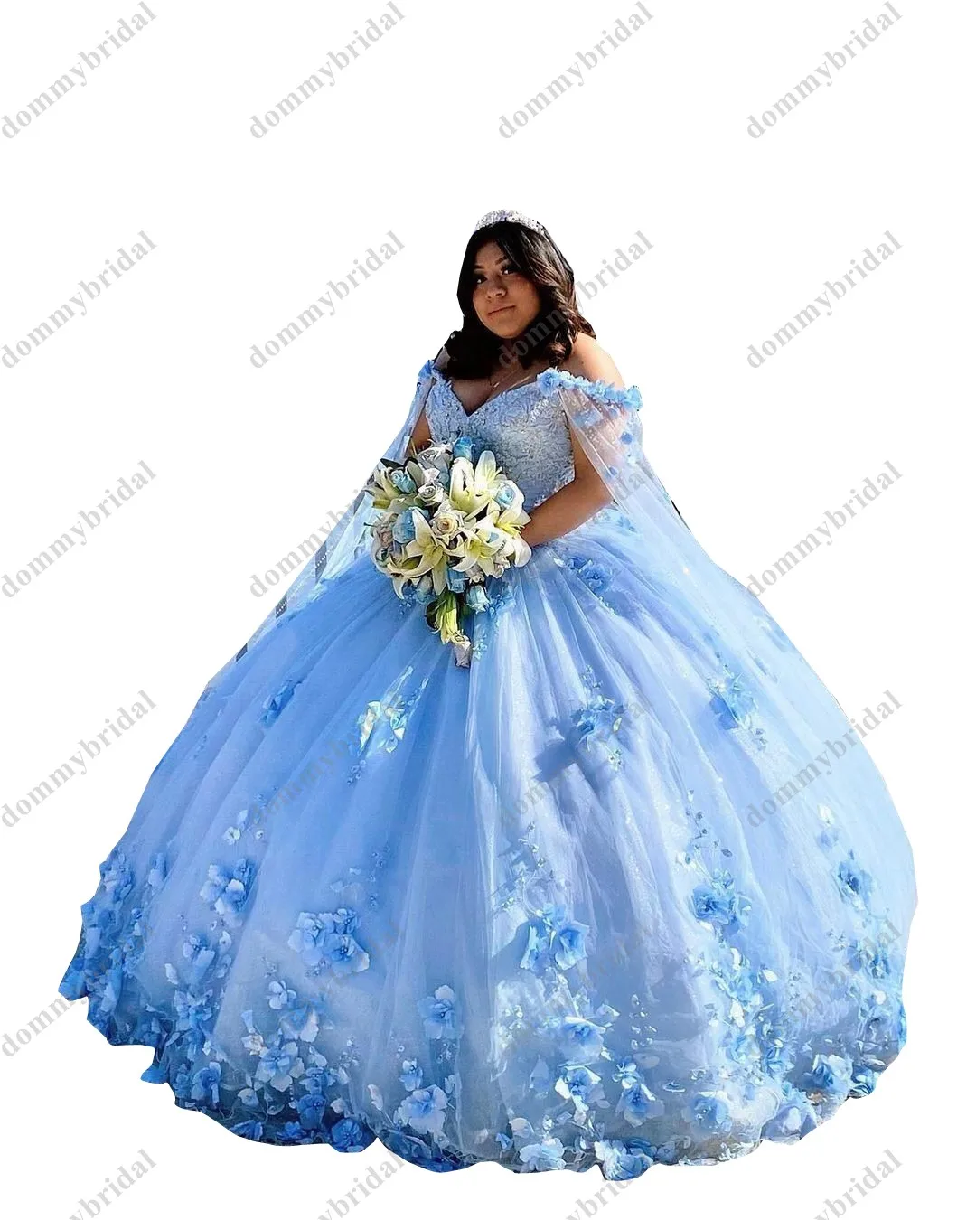 Elegante Floral Blumen Licht Blau Königin Plus größe Ballkleid 2021 Quinceanera Prom Kleid mit Cape Robe Wrap Spitze Süße 15 16 XV