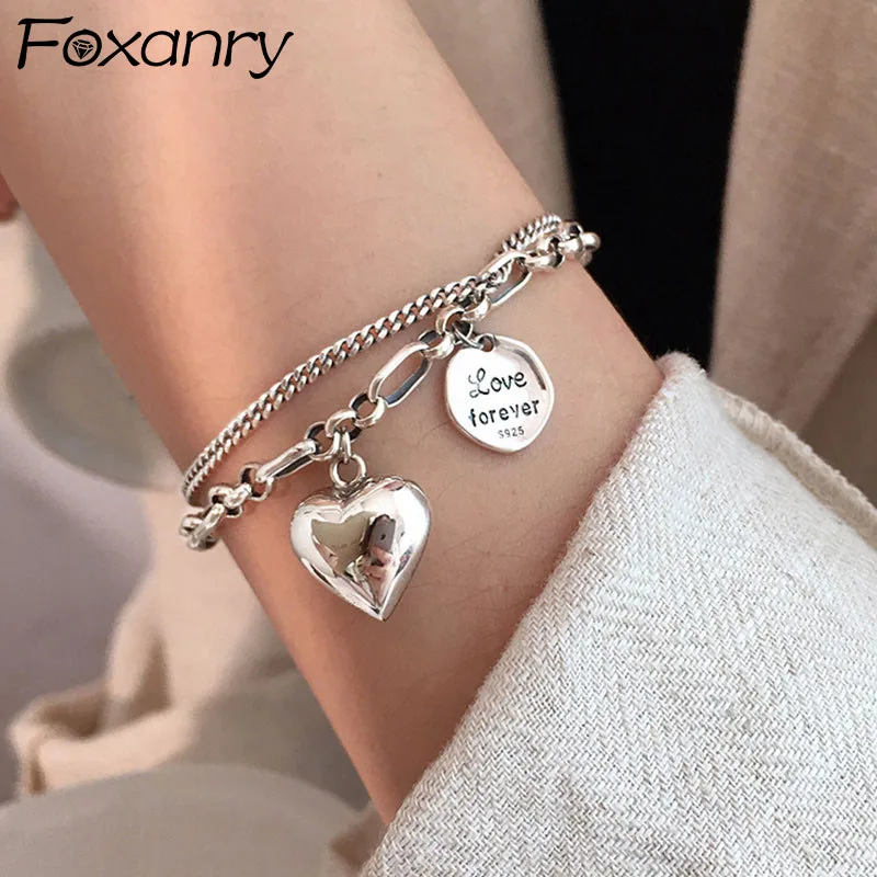 Foxanry Silver Color Bracelet New Trendy Punk Vintage Sweet Couples Lover Double Chain LOVE Heart Jewelry Gifts for Women