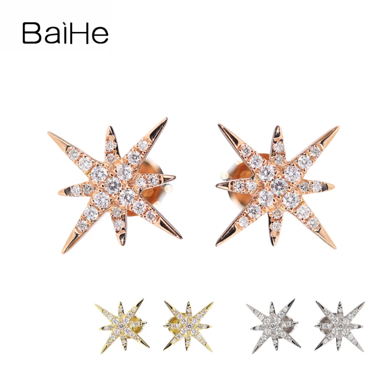 

BAIHE Solid 14K Rose/White/Yellow Gold Natural Diamond Star Stud Earrings Women Trendy Fine Jewelry Making أقراط مرصعة بالنجوم