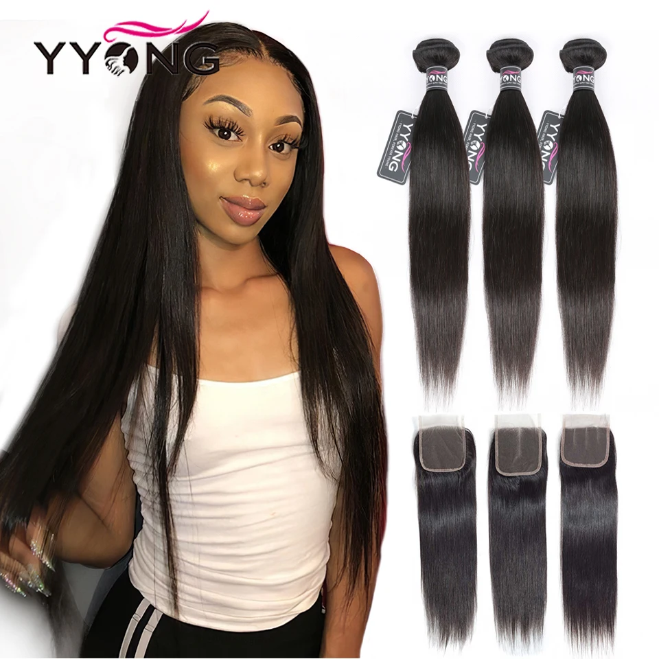 Yyong Straight Bundles With Closure 4x4 Lace Closures With Bundles Brazilian human Hair Weave 3/4 Bundles With Closure Remy Hair