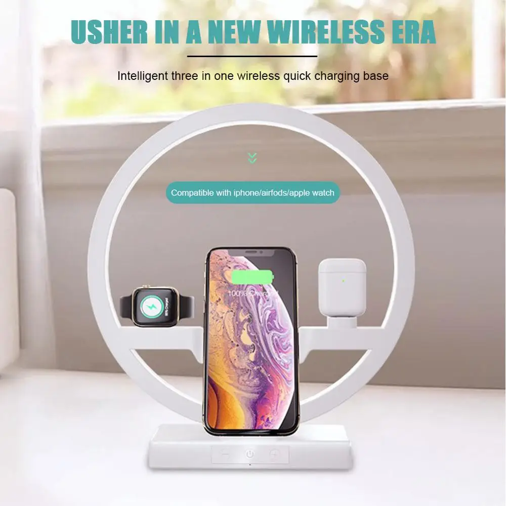 3 In 1 Wireless Charger 10W Desktop Lamp Fast Charger Round Ring Light for iPhone Android Samsung Xiaomi Huawei Phone Holder