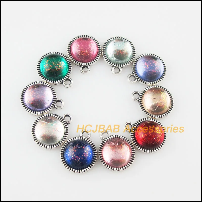 10Pcs Tibetan Silver Tone Round Cirlce Mirage Mixed Resin Charms Pendants 12.5x15mm