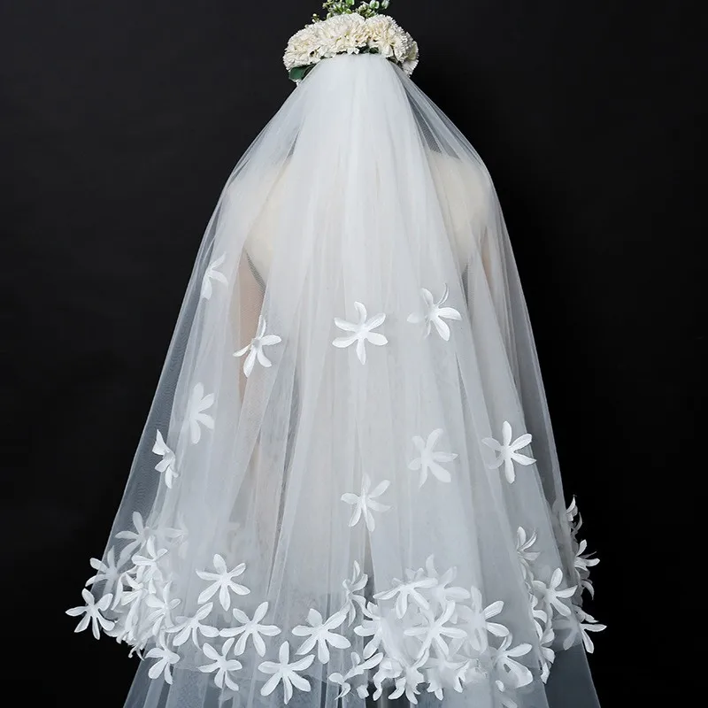 New Arrival Two Layers Ivory Bridal Veils Flower Appliques wedding veil Sexy Cathedral wedding accessories matrimonio