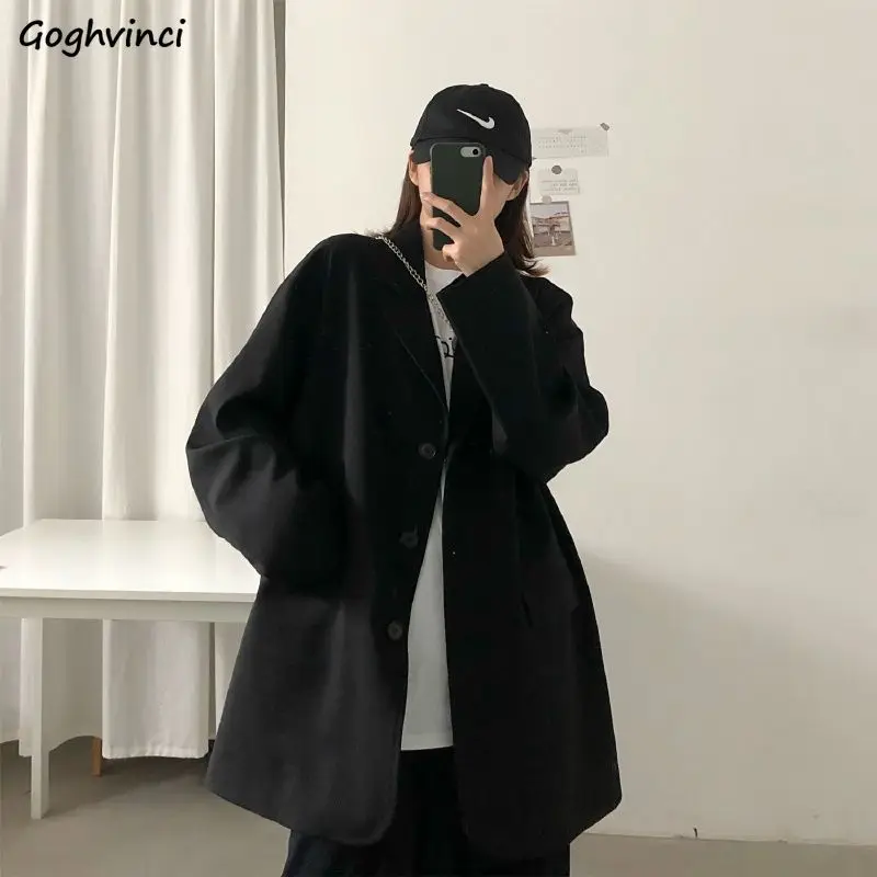 Basic Jackets Women Spring New Solid Medium-long Single Breasted Thin Streetwear Vintage OL Casual Loose Student Ulzzang Outwear