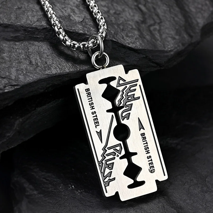 Stainless Steel Razor Blade Necklace Men Judas Priest Hip Hop Jewelry Enamel Heavy Metal Pendant Women Cool Gift High Quality