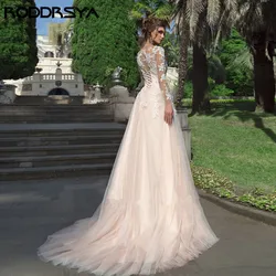 RODDRSYA-Vestido De novia De manga larga, traje De novia con botones y cordones, hecho A medida, talla grande Vestido De novia De mangas largas apliques Vestido De novia De Noiva encaje botón Vestido De novia una línea