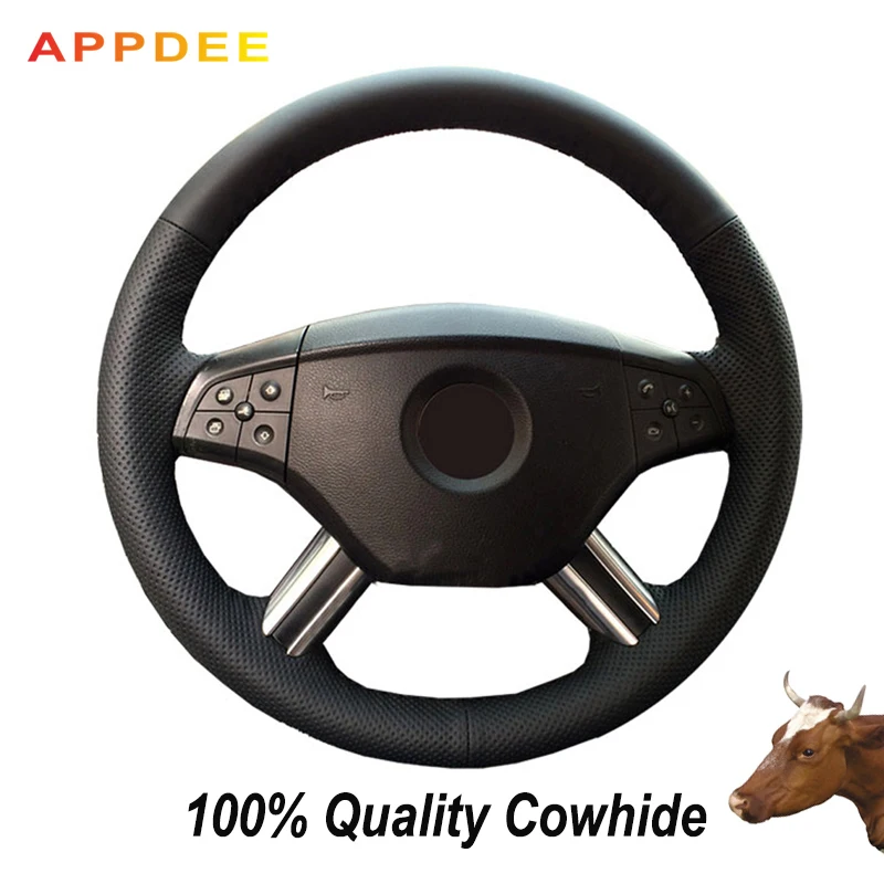 Hand-stitched Black Genuine Leather Steering Wheel Cover for Mercedes-Benz W164 M-Class ML350 ML500 2005 2006 X164 GL-Class GL