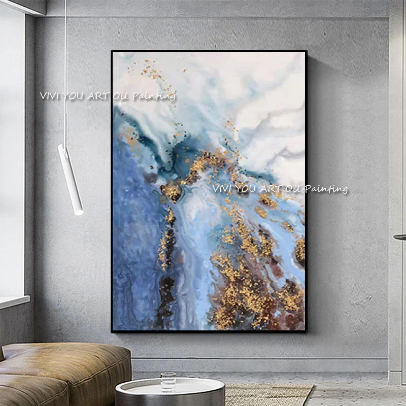 Handmade Abstract Mountain With Ice Minimalist Blue Golden Landscape Oil Painting Large Size Wall Art Canvas Modern Home Decor